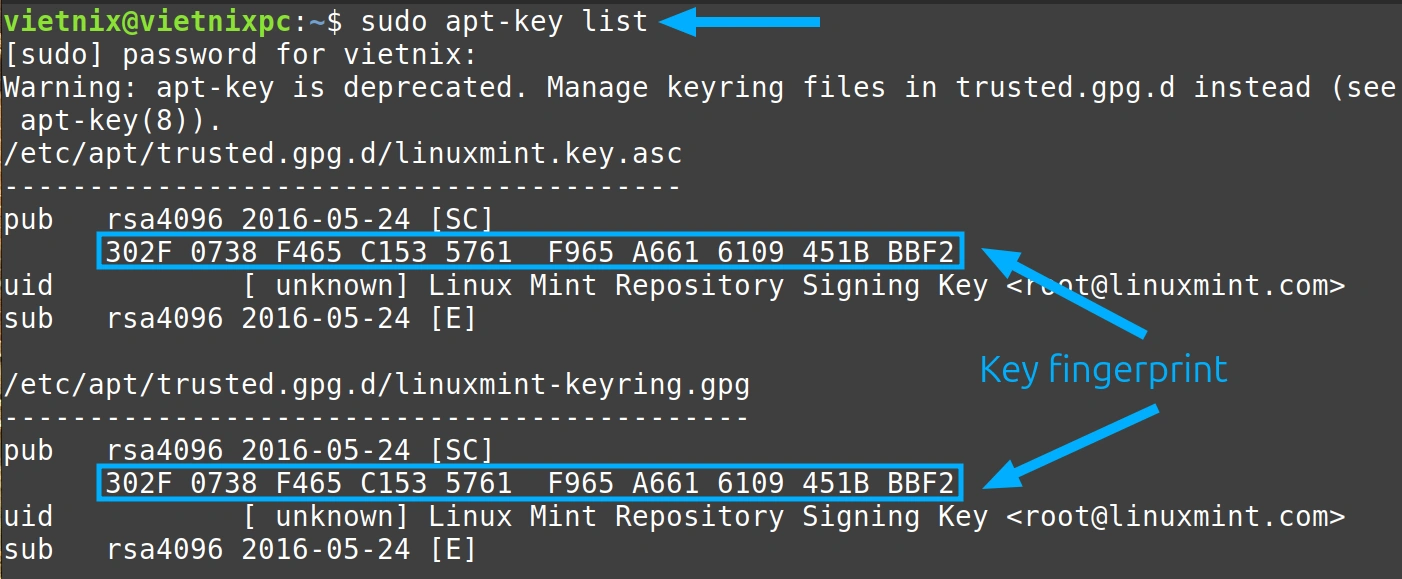3 ví dụ về cách gỡ apt key trong hệ điều hành Linux nhanh chóng, hữu ích 17 Liệt kê tất cả các khóa bằng lệnh apt-key