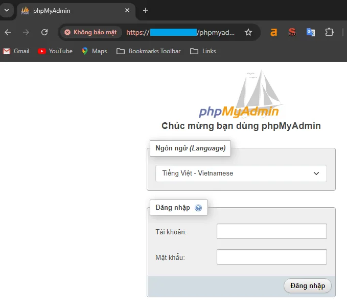 Giao diện đăng nhập thủ công vào phpMyAdmin