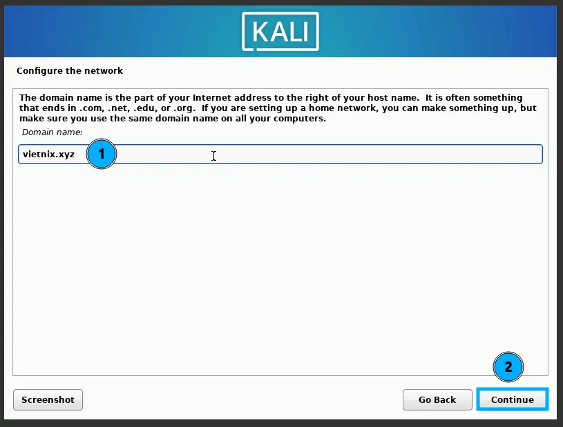 Nhập tên miền trên hệ thống Kali Linux