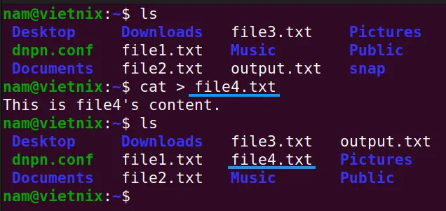 Tạo file mới bằng lệnh cat