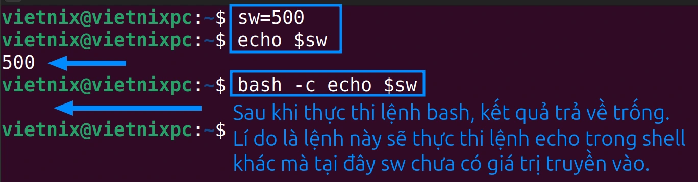 Biến sw chỉ tồn tại trong shell hiện tại