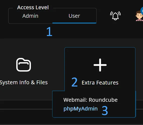 Vị trí tính năng phpMyAdmin