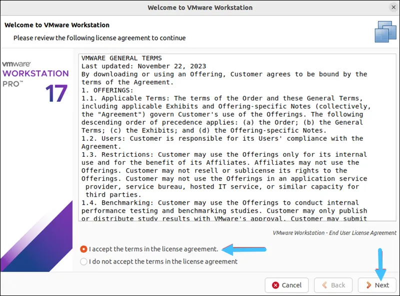 Yêu cầu bạn xem lại các điều khoản chung khi sử dụng VMware Workstation Pro