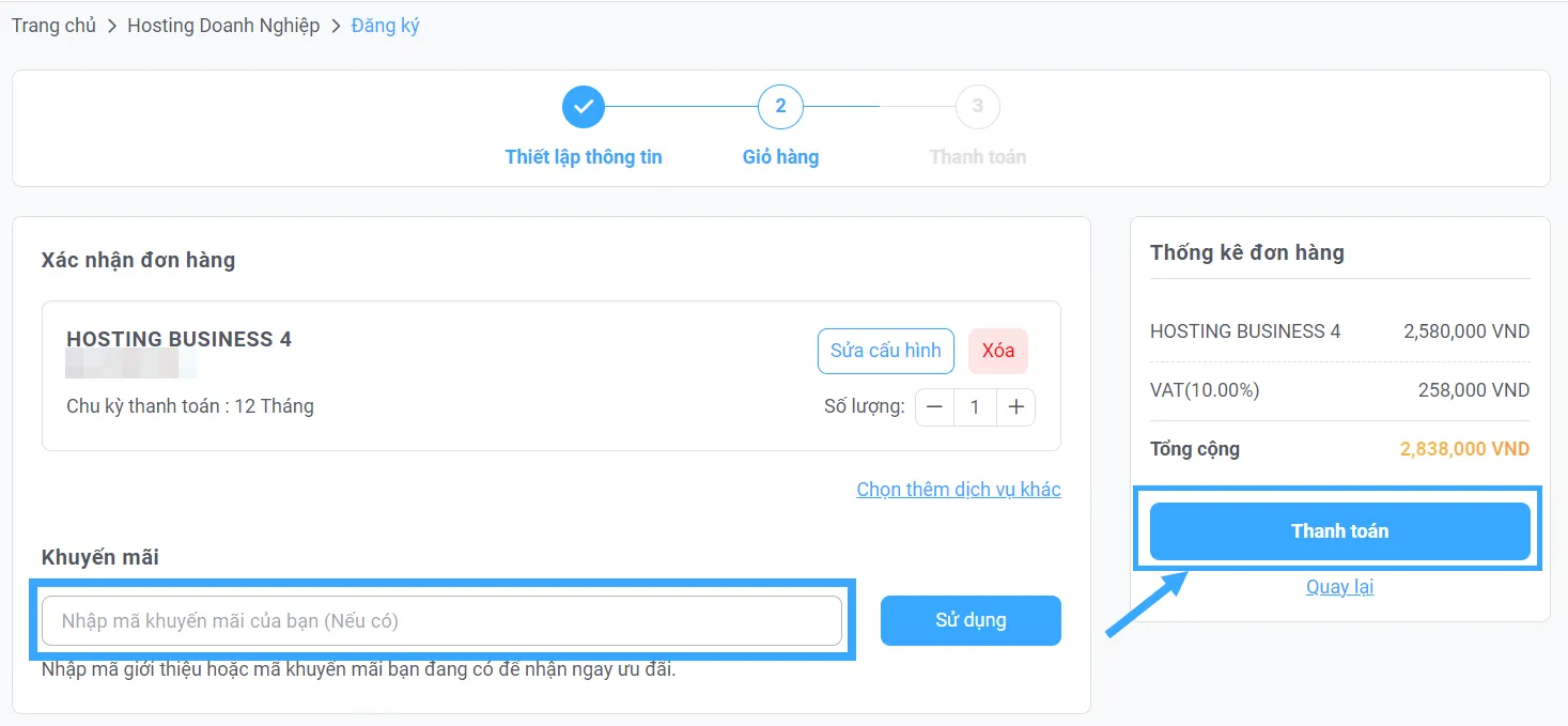 Nhập mã khuyến mãi (nếu có) và bấm Thanh toán