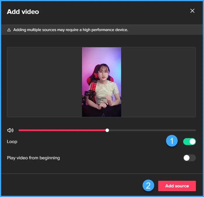 Khắc phục lỗi mất tiếng khi Livestream TikTok Studio trên VPS 33 Thêm video vào khung livestream