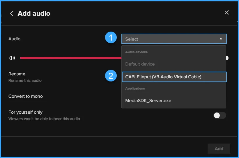 Khắc phục lỗi mất tiếng khi Livestream TikTok Studio trên VPS 36 Chọn CABLE Input (VB-Audio Virtual Cable)