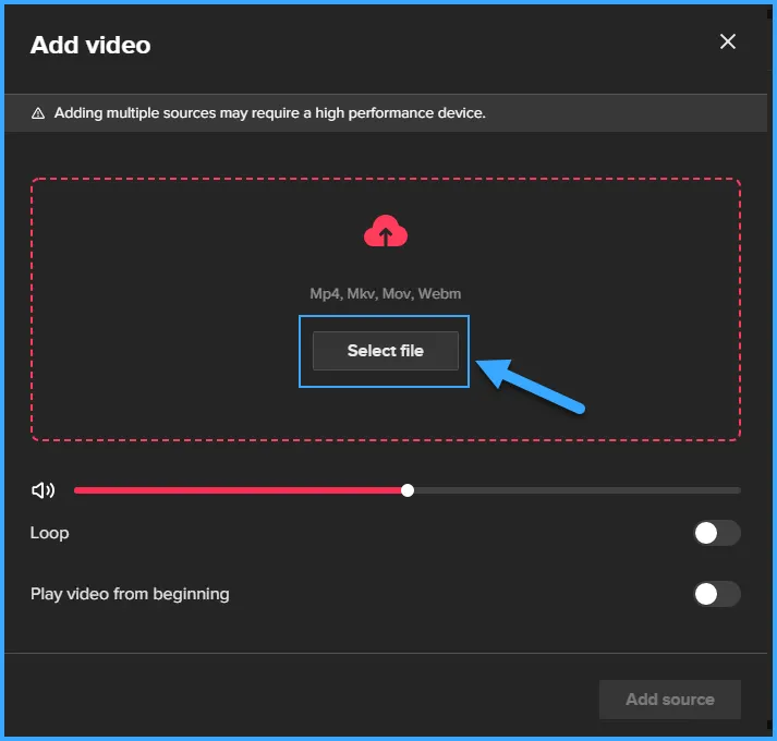 Khắc phục lỗi mất tiếng khi Livestream TikTok Studio trên VPS 31 Chọn Select File để thêm nguồn video