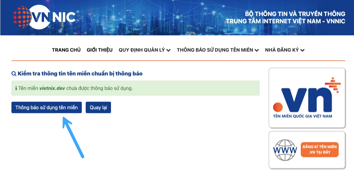 Hướng dẫn 4 bước khai báo tên miền quốc tế sau khi đăng ký 21 Nhấn chọn Thông báo sử dụng tên miền