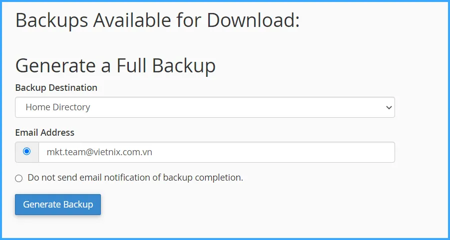 Điền thông tin cấu hình backup