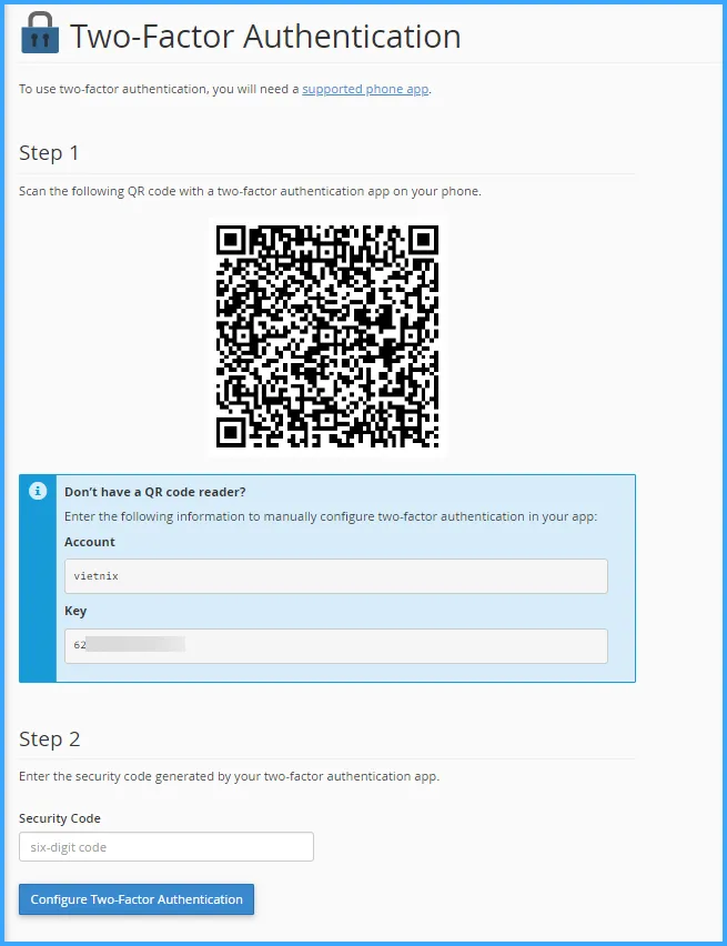 Giao diện thiết lập xác thực 2 yếu tố trên cPanel