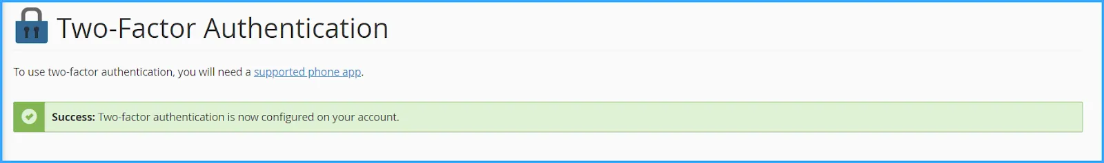 Thông báo bật tính năng xác thực 2 yếu tố (2FA) trên cPanel thành công