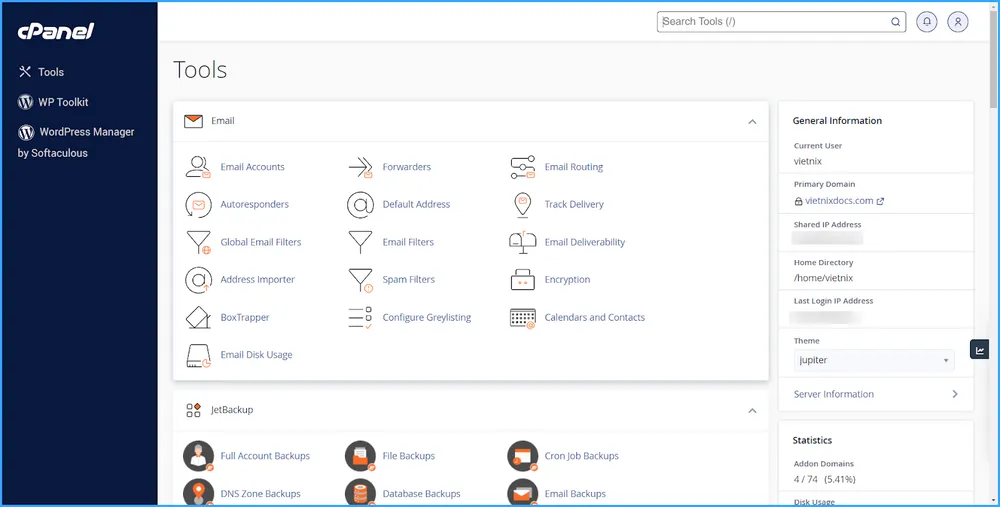 Sử dụng cPanel với giao diện Jupiter