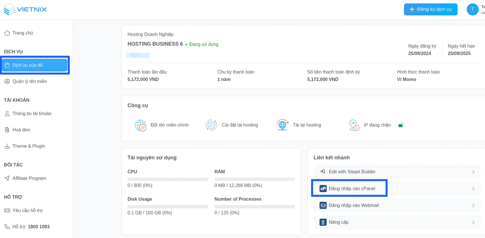 Hướng dẫn chi tiết 6 bước cài WordPress trên cPanel 22 Đăng nhập cPanel trên Portal Vietnix