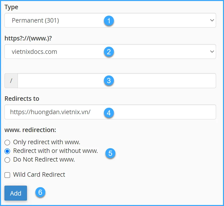 Tại phần Add Redirect, bạn điền đầy đủ các thông tin