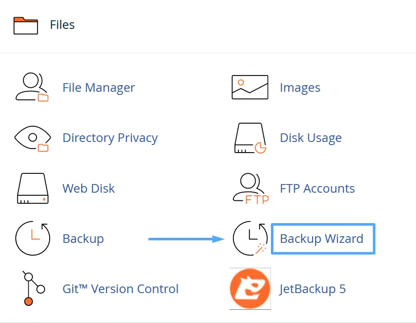 Chọn Backup Wizard để thực hiện backup và restore trên cPanel