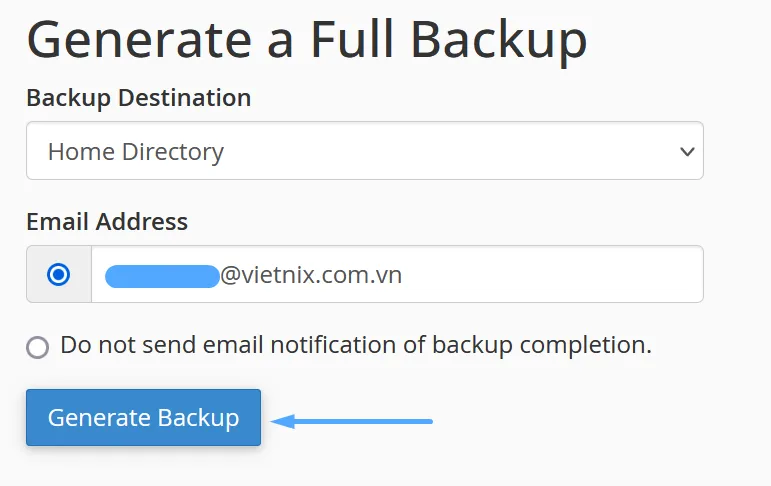 Chọn Generate Backup