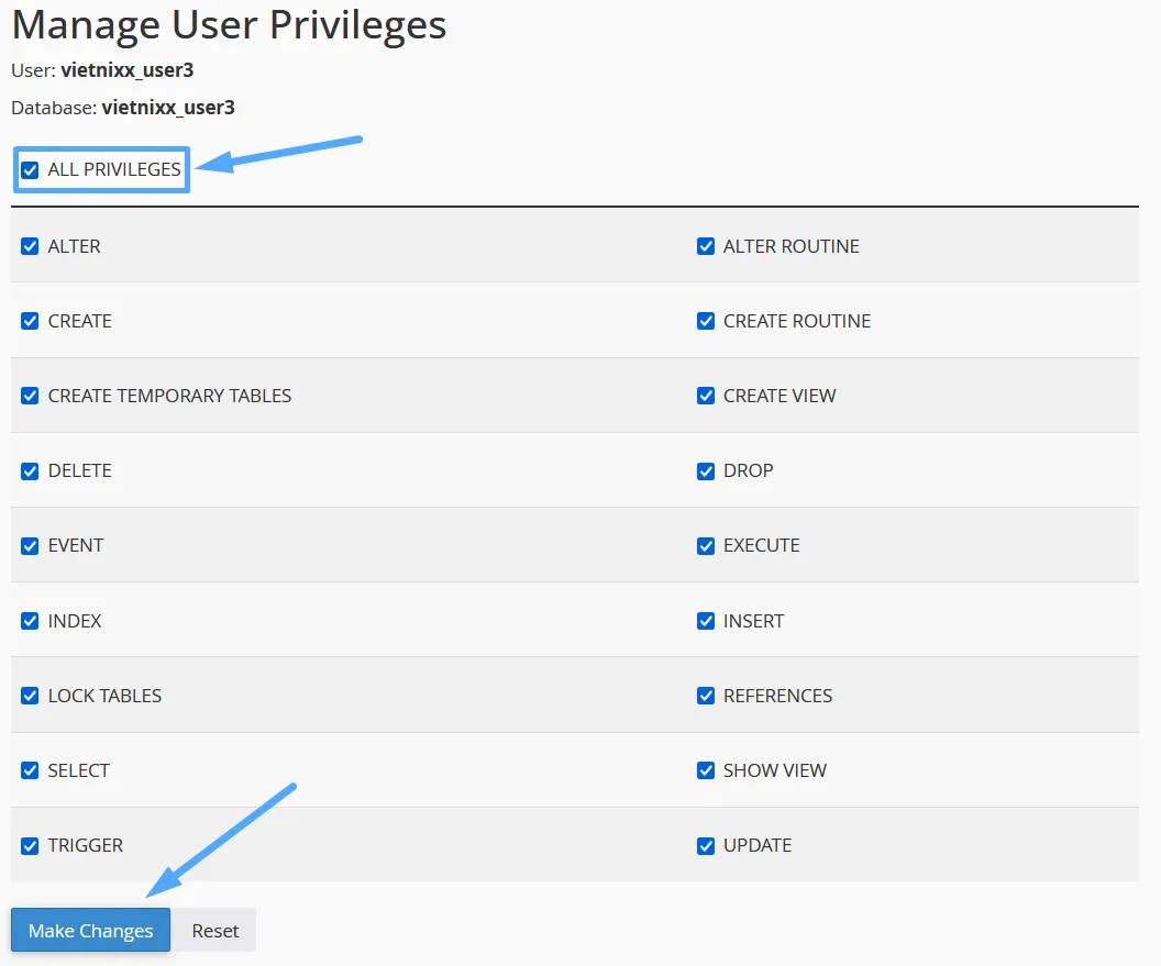 Cấp quyền cho user trên database