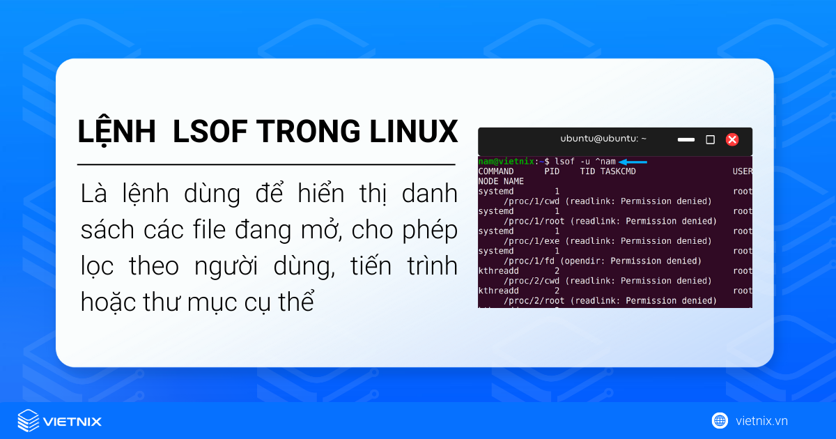 Lệnh lsof trong Linux là lệnh dùng để hiển thị danh sách các file đang mở