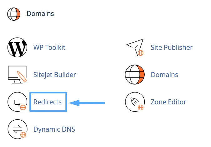 Bạn kéo đến phần Domains và chọn vào mục Redirects