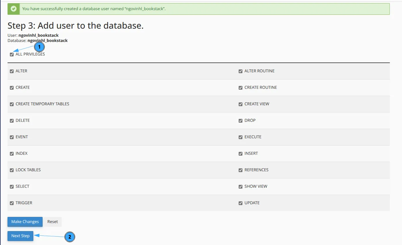 Hướng dẫn cài đặt BookStack trên cPanel nhanh chóng 28 Cấp quyền cho user database