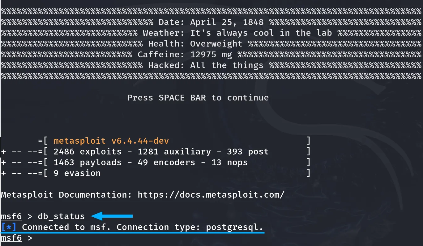Cách cài đặt metasploit trên Kali Linux từng bước chi tiết và cơ bản nhất 34 Cơ sở dữ liệu kết nối thành công