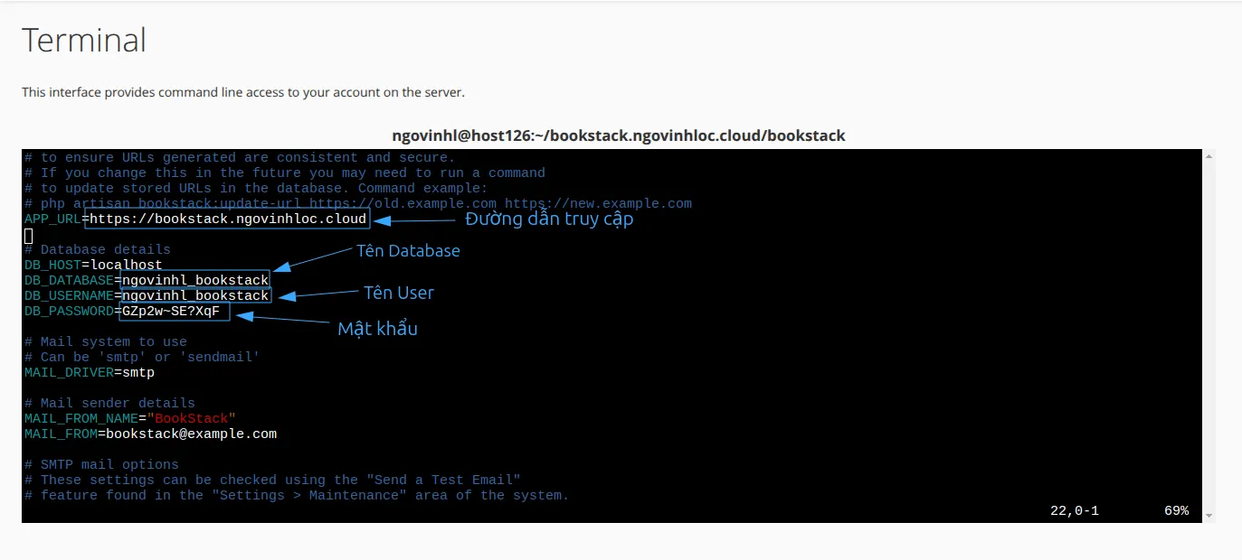 Hướng dẫn cài đặt BookStack trên cPanel nhanh chóng 32 Cập nhật thông tin database