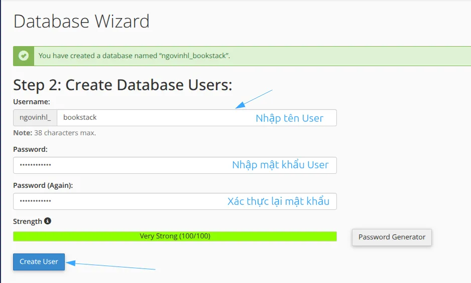 Hướng dẫn cài đặt BookStack trên cPanel nhanh chóng 27 Tạo tài khoản người dùng database