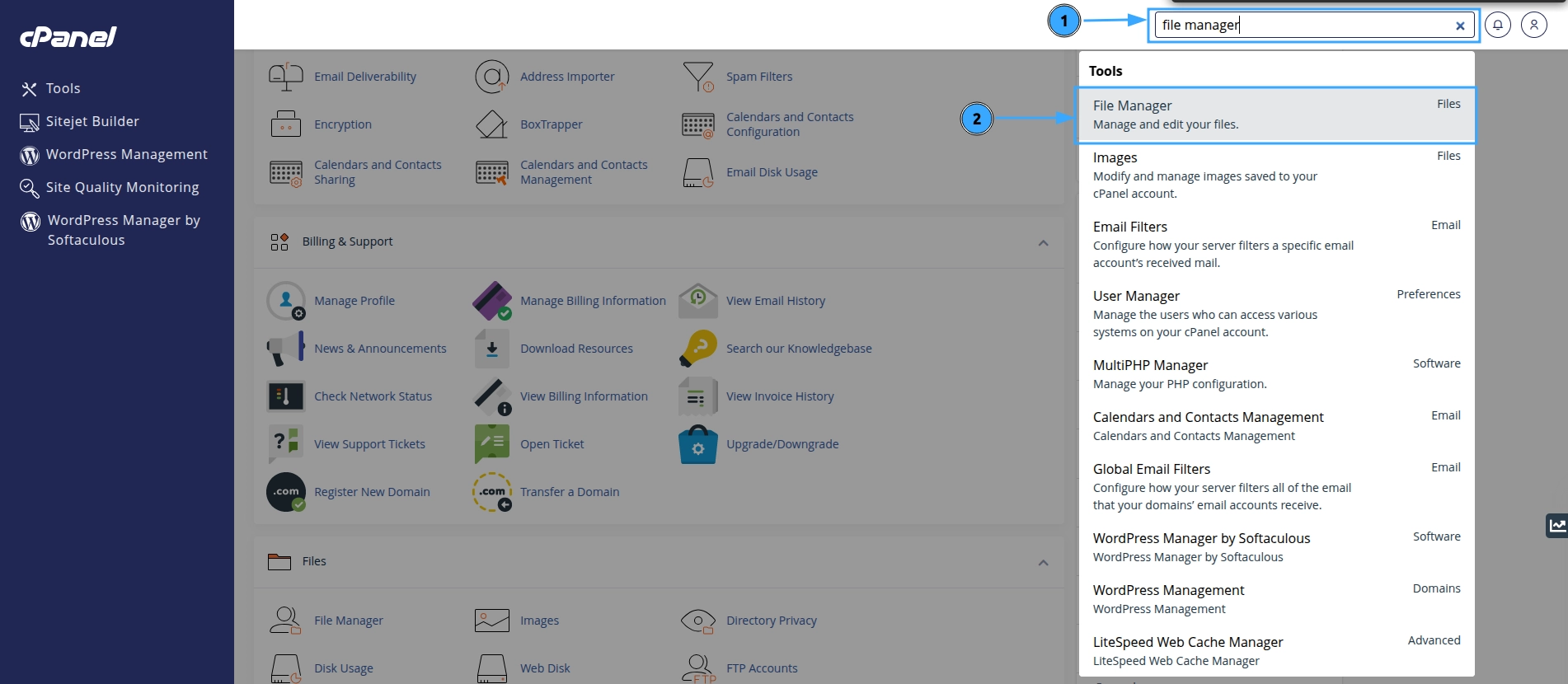 Hướng dẫn chi tiết cách sử dụng File Manager trong cPanel 28 Truy cập vào File Manager trong cPanel bằng Search Tools