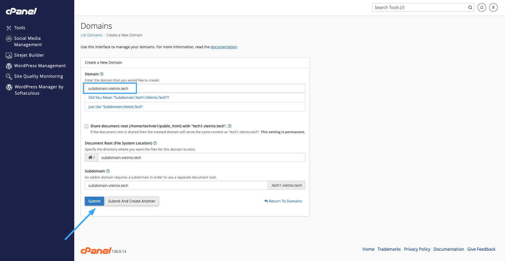Hướng dẫn tạo Subdomain trên cPanel chi tiết, nhanh chóng 27 Điền thông tin và chọn Submit