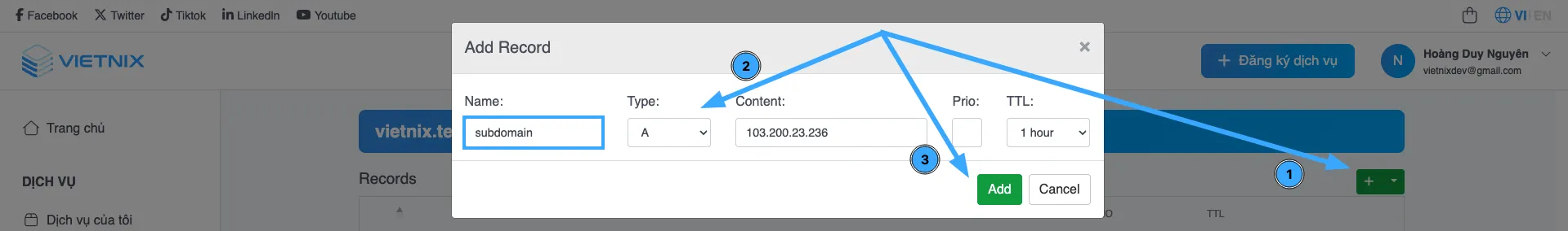 Hướng dẫn tạo Subdomain trên cPanel chi tiết, nhanh chóng 32 Bước 3: Thêm bản ghi DNS cho Subdomain
