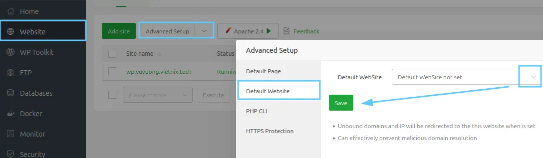 3 bước thay đổi trang default khi truy cập vào IP trên aaPanel nhanh chóng và chi tiết nhất 18 Quay lại mục Website và chọn Default Website