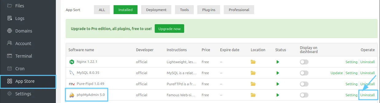 Hướng dẫn nâng cấp Service trên aaPanel 40 Gỡ cài đặt