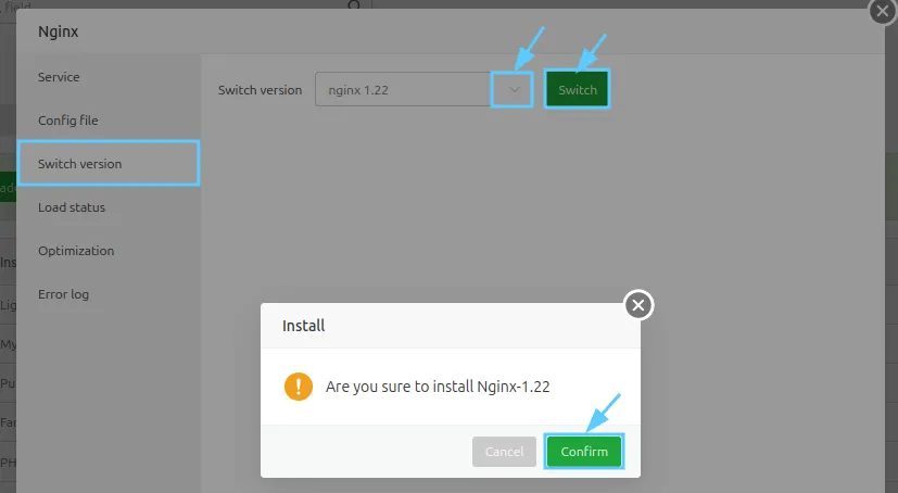 Hướng dẫn nâng cấp Service trên aaPanel 28 Chọn phiên bản Nginx