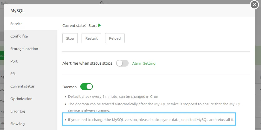 Hướng dẫn nâng cấp Service trên aaPanel 30 Nâng cấp cơ sở dữ liệu MySQL