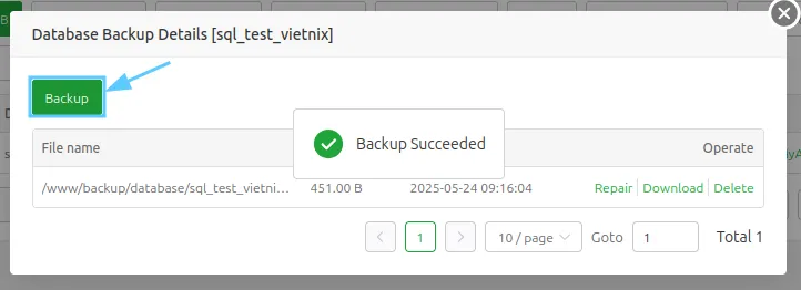 Hướng dẫn nâng cấp Service trên aaPanel 33 Nhấn Backup