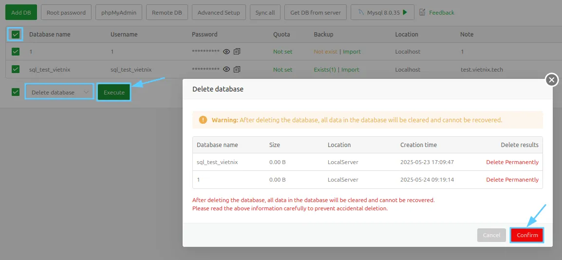 Hướng dẫn nâng cấp Service trên aaPanel 34 Xác nhân xoá database
