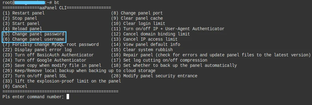 2 cách đổi thông tin quản trị aaPanel 11 Giao diện bt của Terminal trên SSH từ máy client