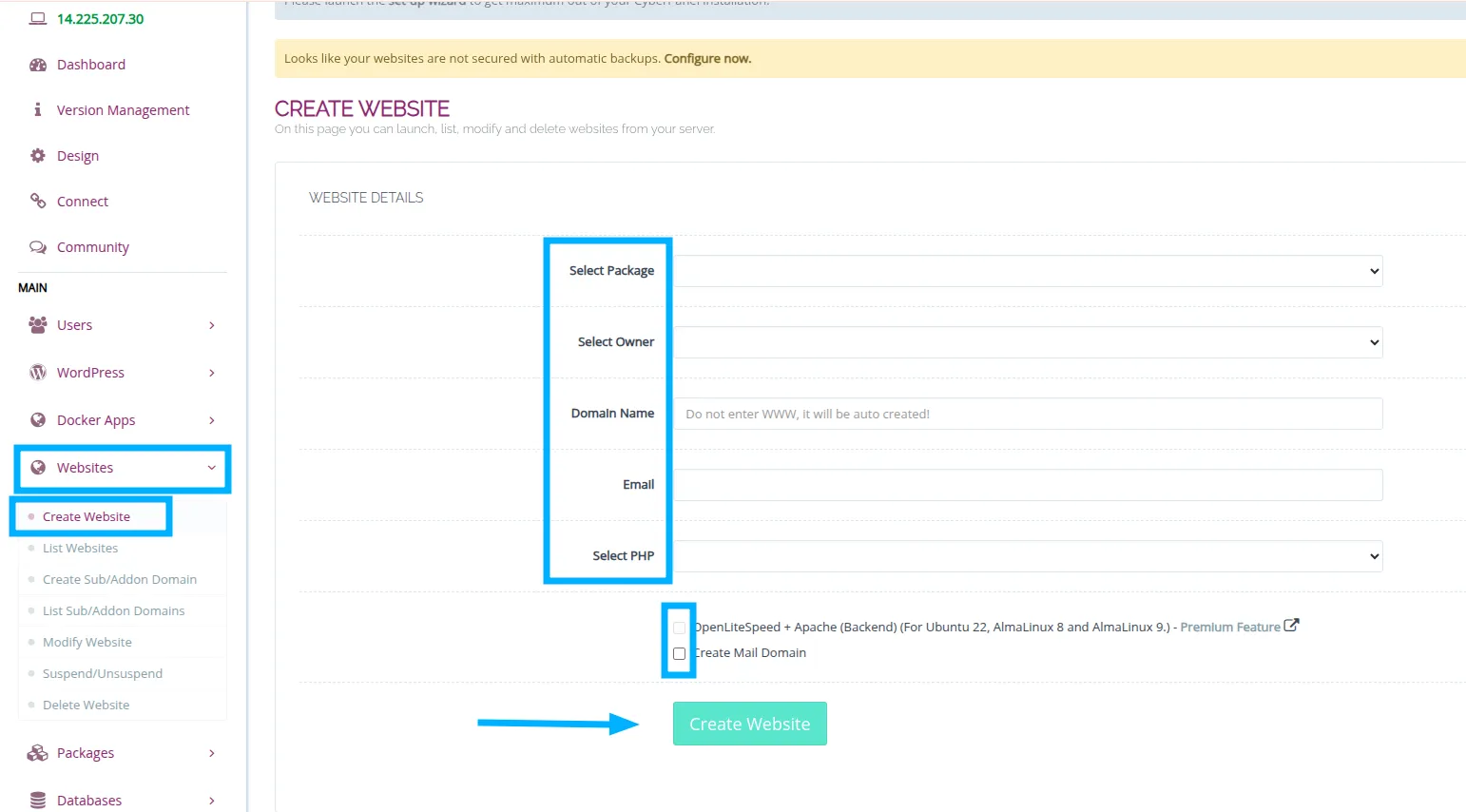 Các bước thêm Website trên CyberPanel nhanh nhất 11 Chọn mục Websites, bấm vào Create website