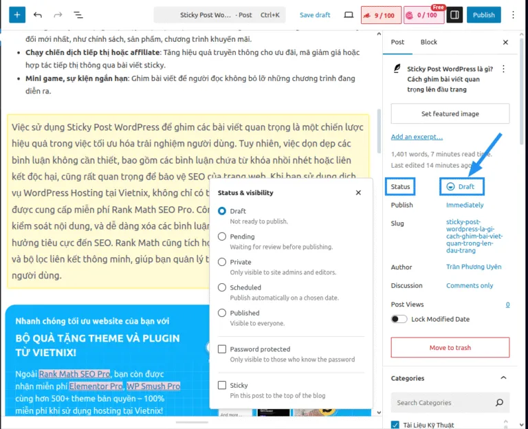 Sticky Post WordPress: Hướng dẫn chi tiết cách tạo và tối ưu hóa bài viết ghim 17 Mở phần Status & visibility
