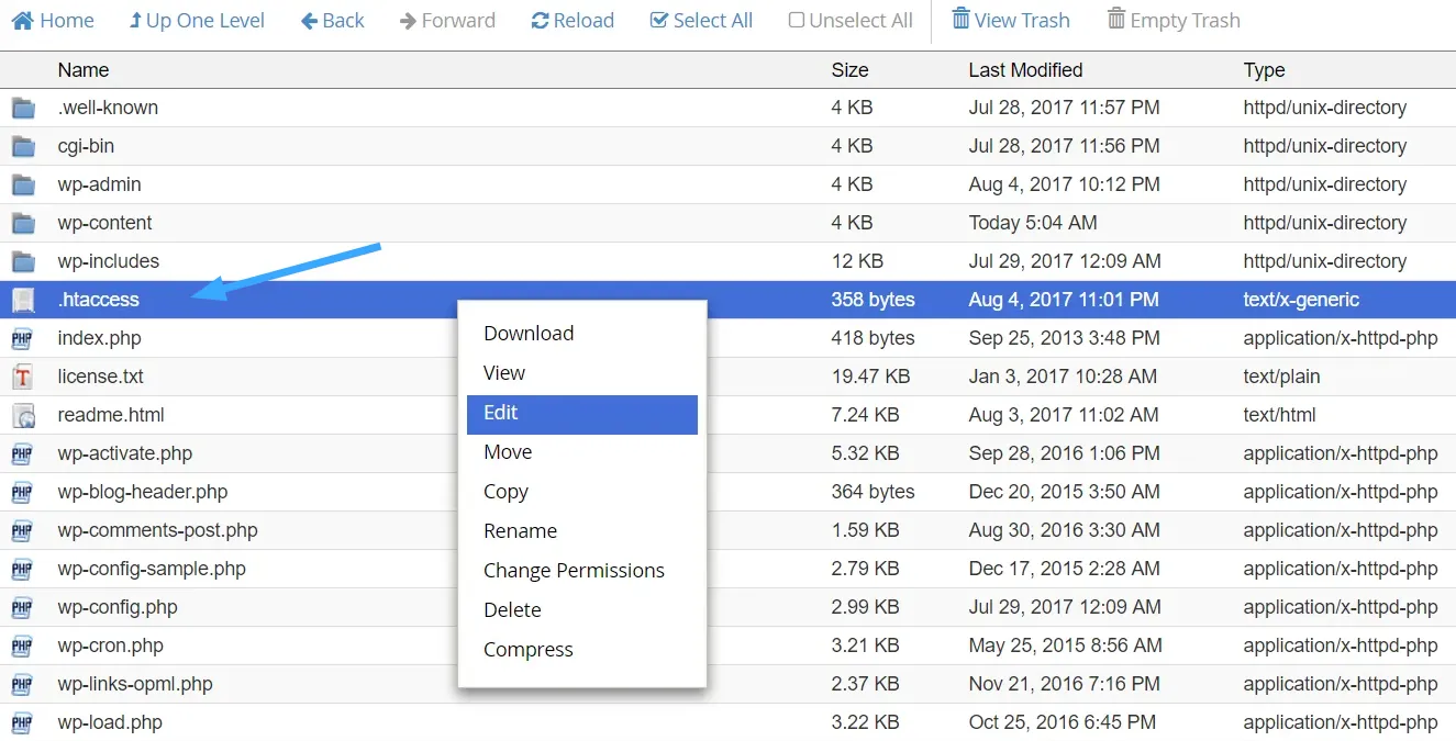 4 cách thay đổi tên miền WordPress miễn phí đơn giản 29 Tìm tệp .htaccess và chọn Edit