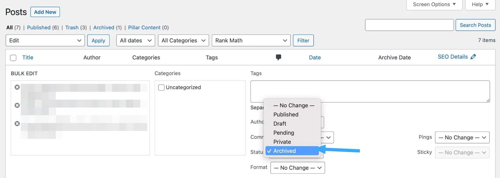 Cách lưu trữ bài viết WordPress nhanh chóng nhất 21 Chọn Archived rồi nhấn Update