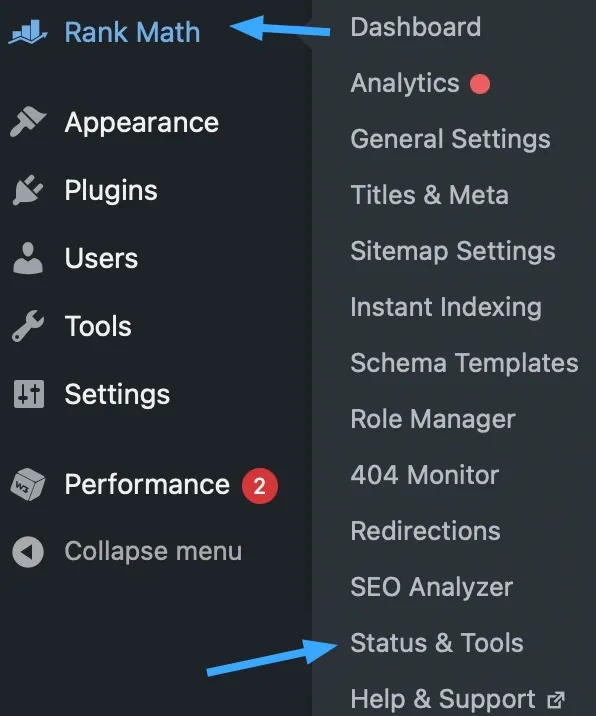 Truy cập vào mục Status & Tools