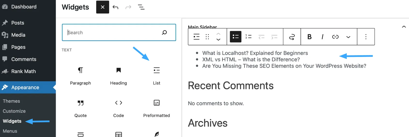 Cách thêm bài viết nổi bật trong WordPress chi tiết 26 Kéo và thả tiện ích List vào khu vực sidebar