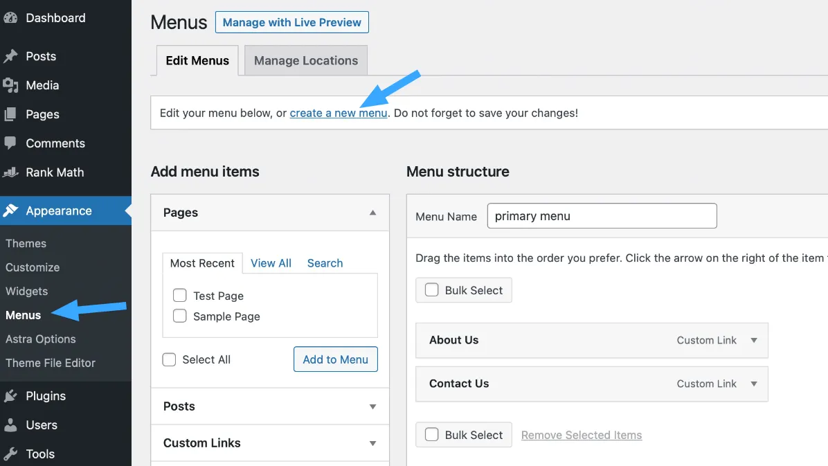 Cách thêm bài viết nổi bật trong WordPress chi tiết 29 Nhấn vào liên kết create a new menu