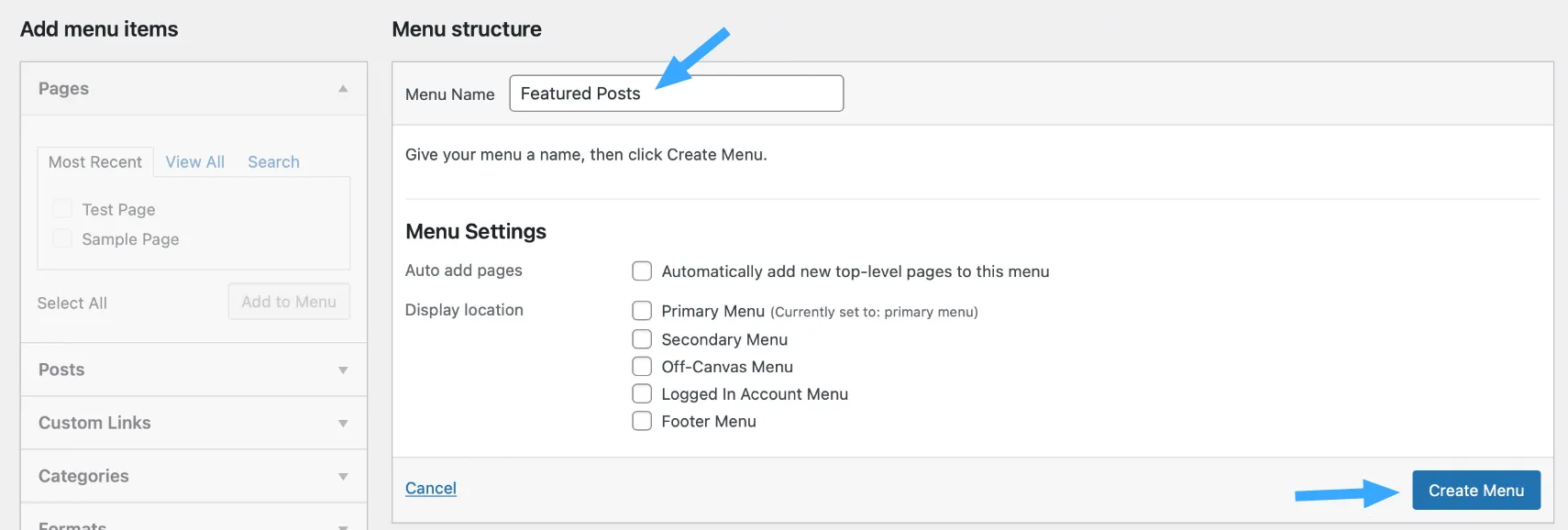 Cách thêm bài viết nổi bật trong WordPress chi tiết 30 Nhấn vào nút Create Menu để tạo menu mới