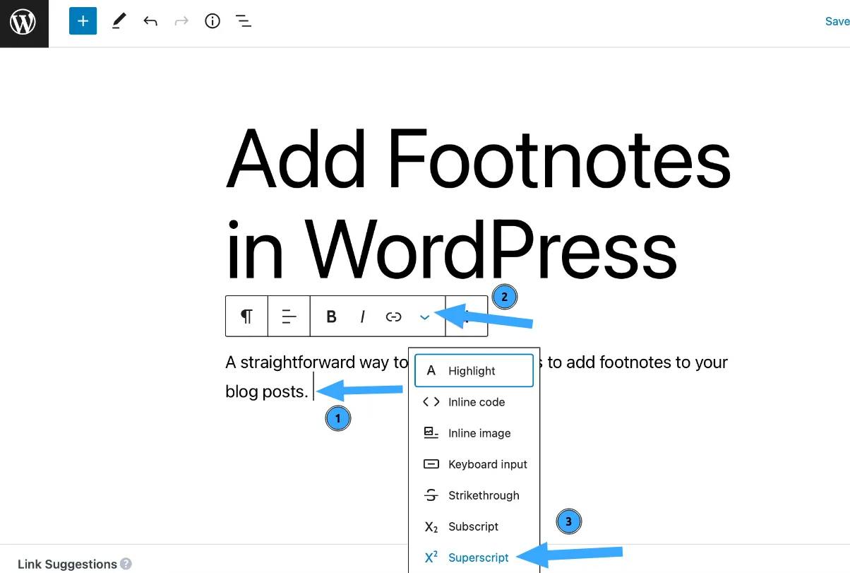 Cách thêm chú thích cuối trang trong WordPress đơn giản nhất 28 Chọn Superscript (chỉ số trên)