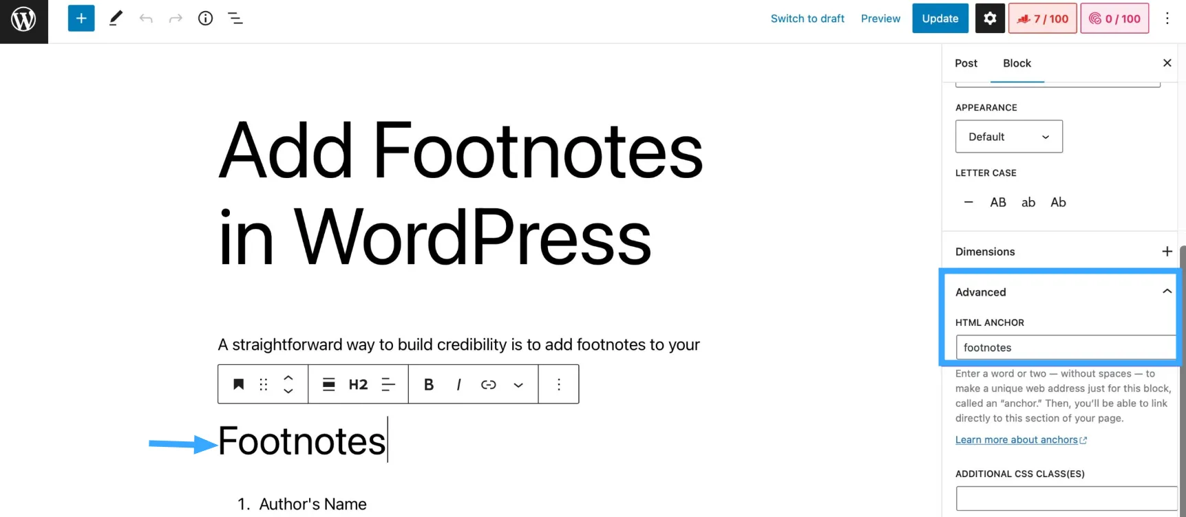 Cách thêm chú thích cuối trang trong WordPress đơn giản nhất 30 Nhập một nhãn định danh