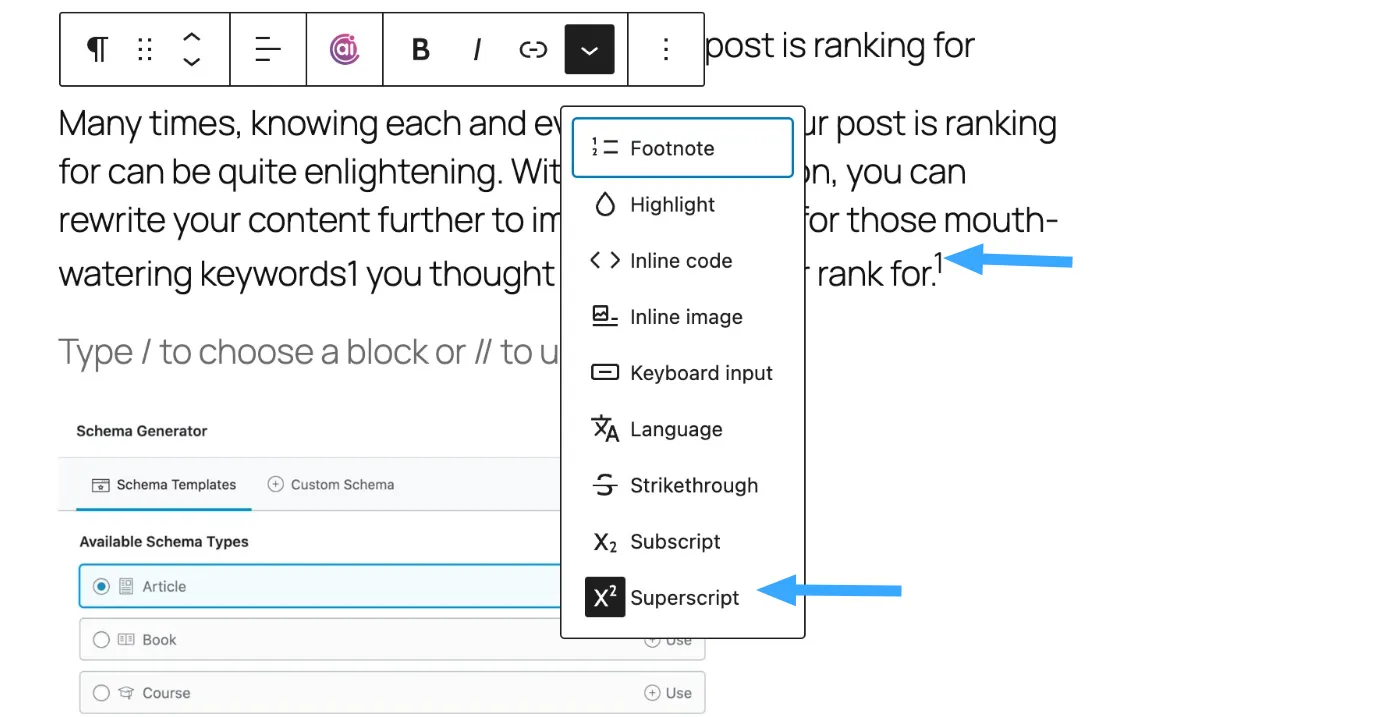 Cách thêm chú thích cuối trang trong WordPress đơn giản nhất 34 Định dạng bằng chỉ số trên (superscript)