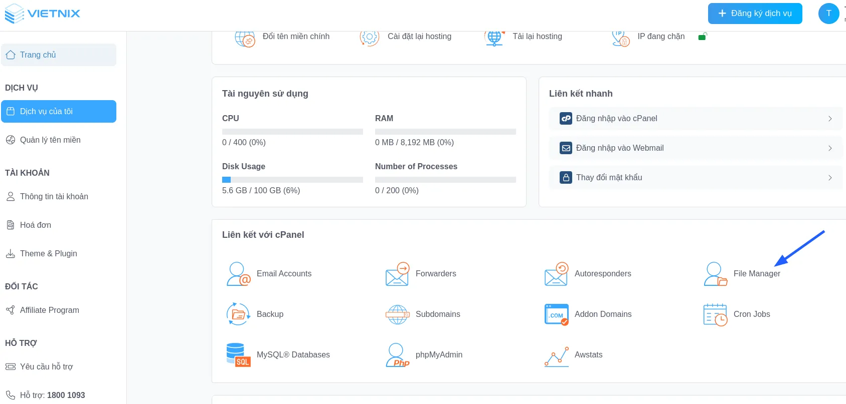 Cách sửa lỗi Parse Error: "Syntax Error, Unexpected" trong WordPress 32 Truy cập vào File Manager từ hosting Vietnix