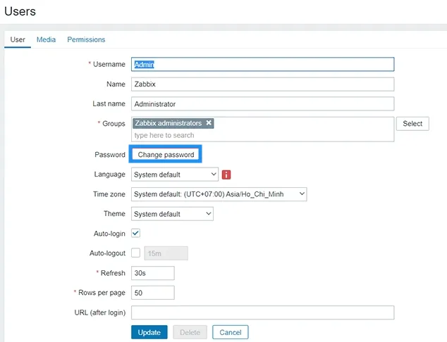 Hướng dẫn chi tiết cài đặt Zabbix 6.0 LTS trên Ubuntu 22.04: Tối ưu giám sát hệ thống hiệu quả 32 Bạn chọn Change password để bắt đầu thay đổi mật khẩu mặc định